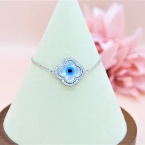 925 Sterling Silver Evil Eye adjustable Bracelet, Cubic Zirconia Evil Eye Heart & Clover Shape Bracelet in  different design. Gift for Her.