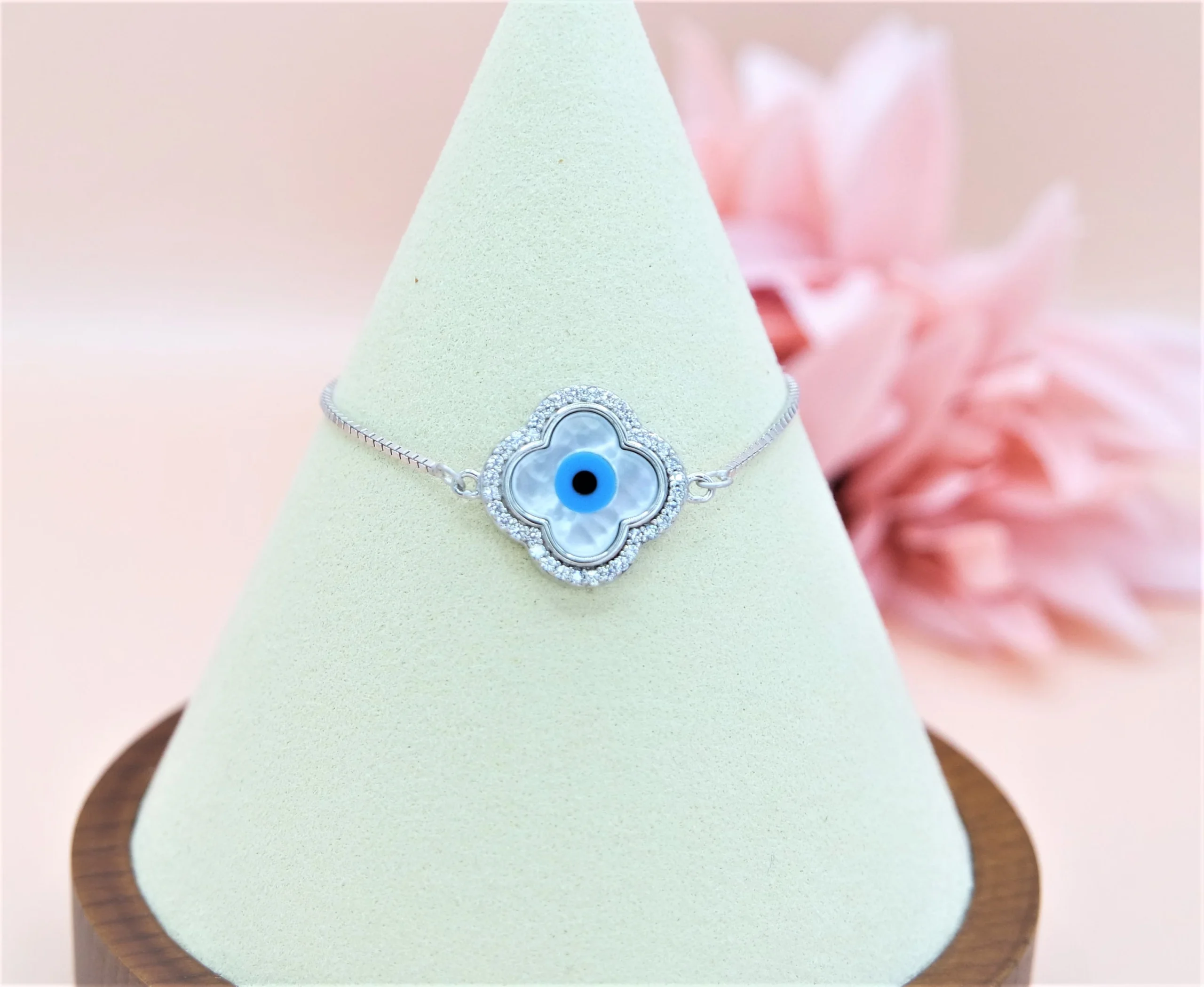 925 Sterling Silver Evil Eye adjustable Bracelet, Cubic Zirconia Evil Eye Heart & Clover Shape Bracelet in different design. Gift for Her.