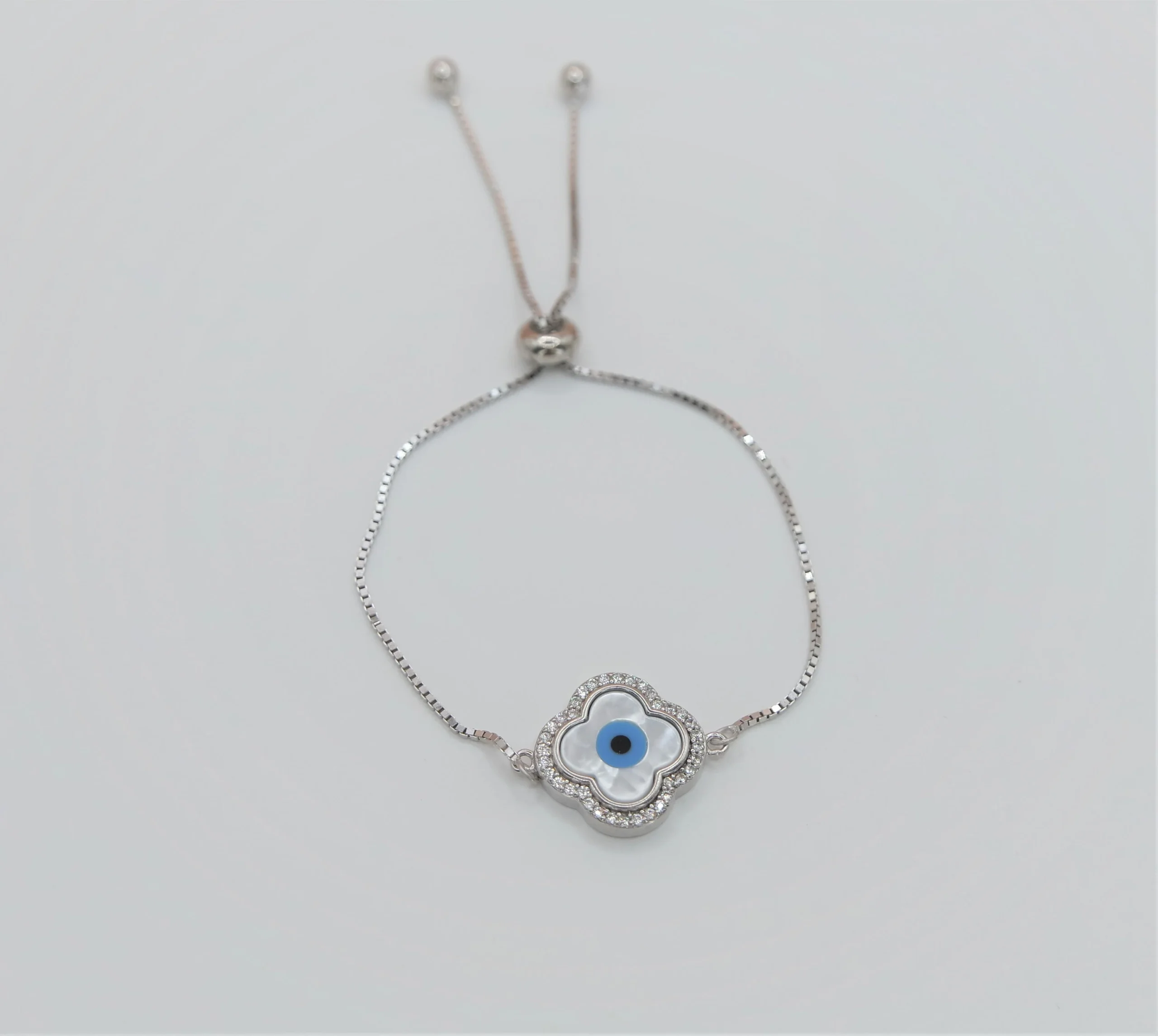 925 Sterling Silver Evil Eye adjustable Bracelet, Cubic Zirconia Evil Eye Heart & Clover Shape Bracelet in different design. Gift for Her. - Image 4