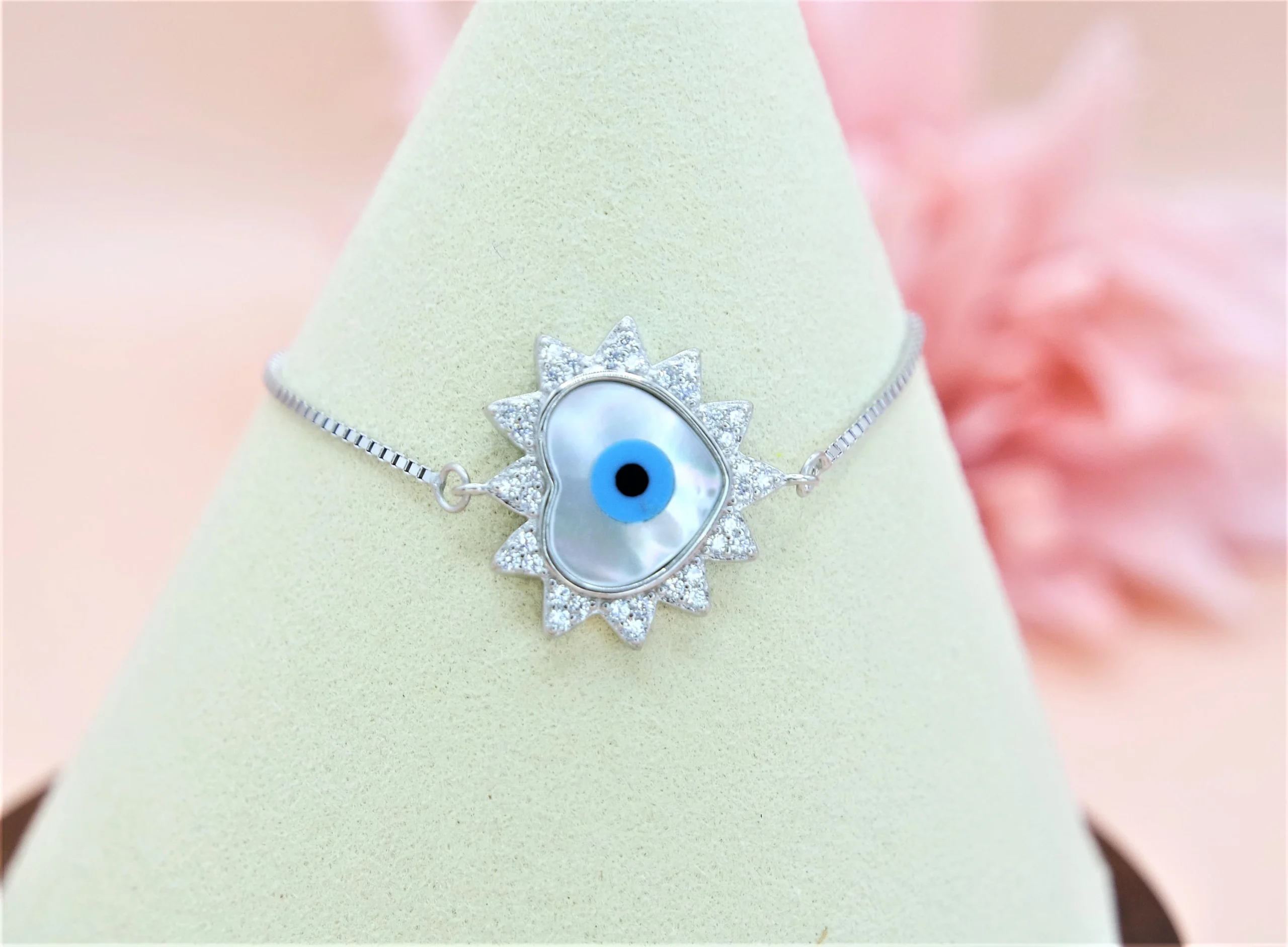 925 Sterling Silver Evil Eye adjustable Bracelet, Cubic Zirconia Evil Eye Heart & Clover Shape Bracelet in different design. Gift for Her. - Image 2