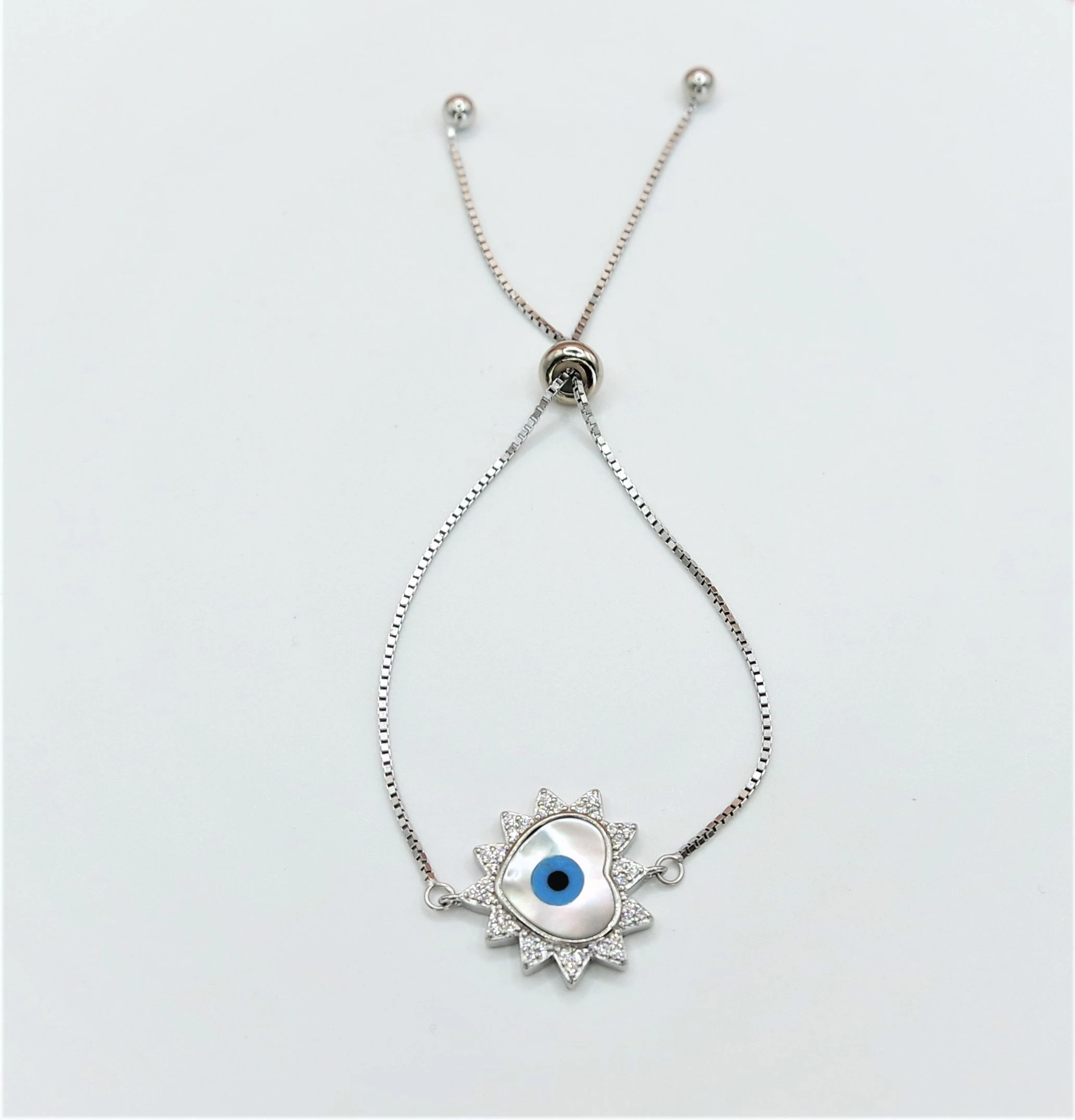 925 Sterling Silver Evil Eye adjustable Bracelet, Cubic Zirconia Evil Eye Heart & Clover Shape Bracelet in different design. Gift for Her. - Image 3