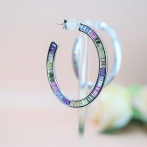 925 Sterling Silver Large Rainbow Multi Color CZ Oval Shaped Hoop Earring. Wear Them With Pride, Gift for her.