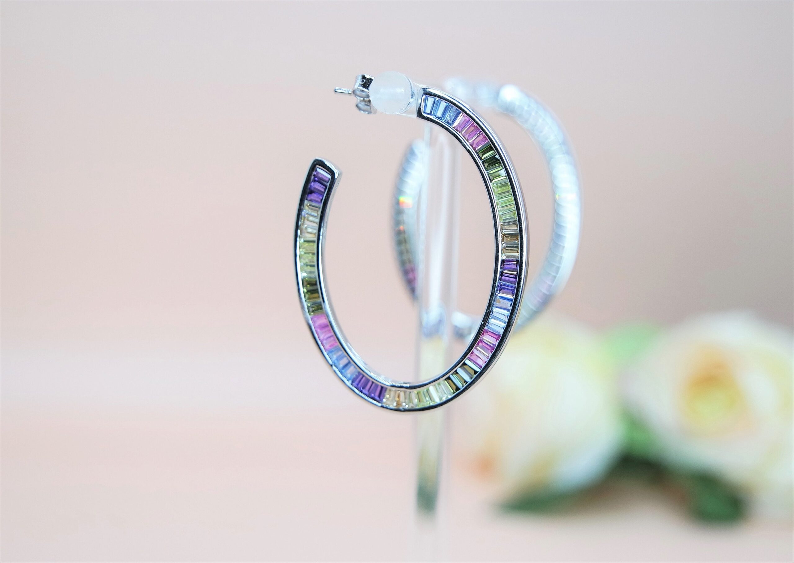 925 Sterling Silver Large Rainbow Multi Color CZ Oval Shaped Hoop Earring. Wear Them With Pride, Gift for her.