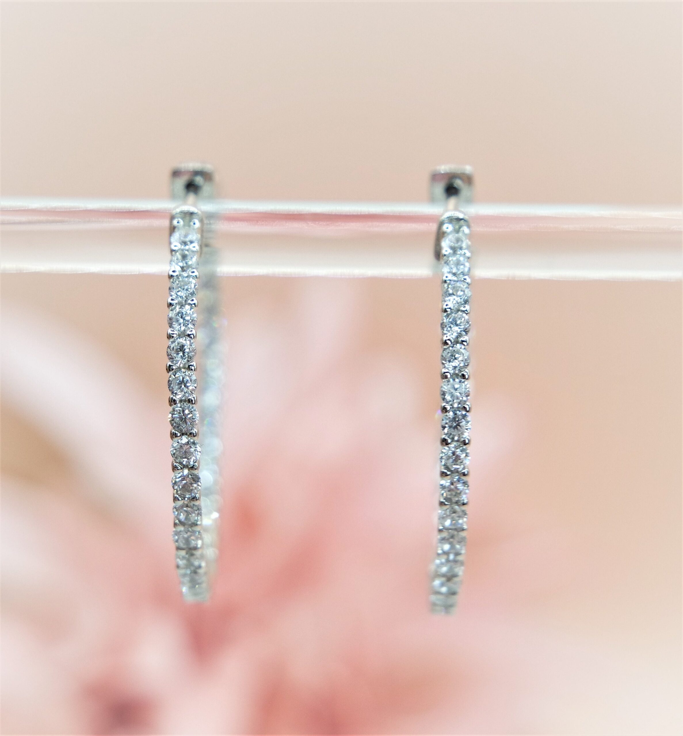 925 Sterling Silver Hoop Earring, Inside outside Hoops with CZ Stones, Round Shape.