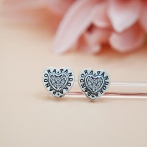 925 Sterling Silver Pandora Style Shine Logo Heart Stud Earrings. For everyday wear or Gift for Her.