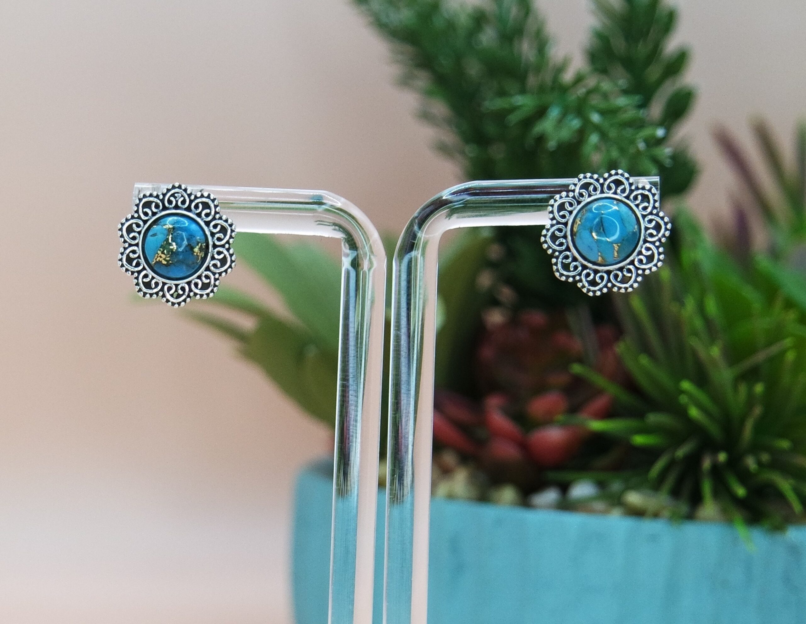 925 Sterling Silver Gemstone Stud Earrings, Semi-precious Round Studs. Gift for Her.