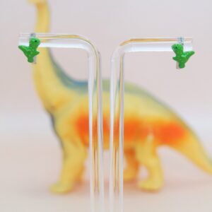 925 Sterling Silver Green Dino Earrings for Girls, Dangle Huggie for Kids. Gift for Her.