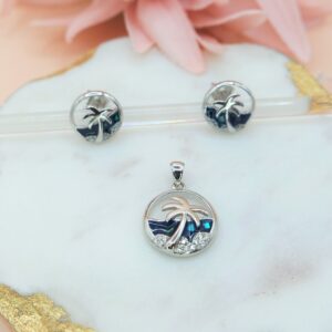 925 Sterling Silver Palm Tree Pendant Set, Solid Sterling Silver Pendant Set with Cubic Zirconia. Two Colors available, Gift for Her.