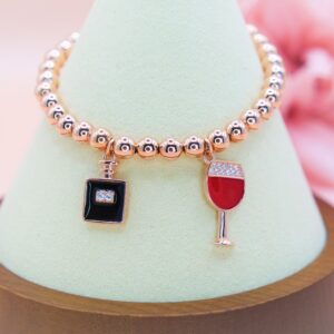 925 Sterling Silver Beaded Bracelet, Stretch Bracelet in Rose Gold Gilt. Gift for Her.
