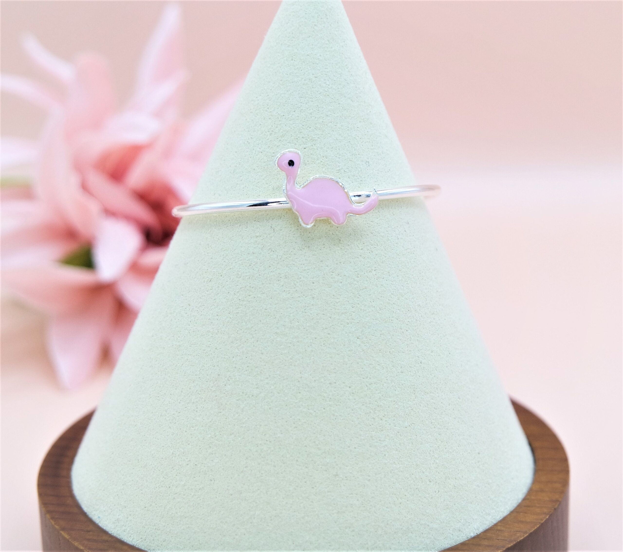 925 Sterling Silver Pink Dino Adjustable Bangle Bracelet for Kids
