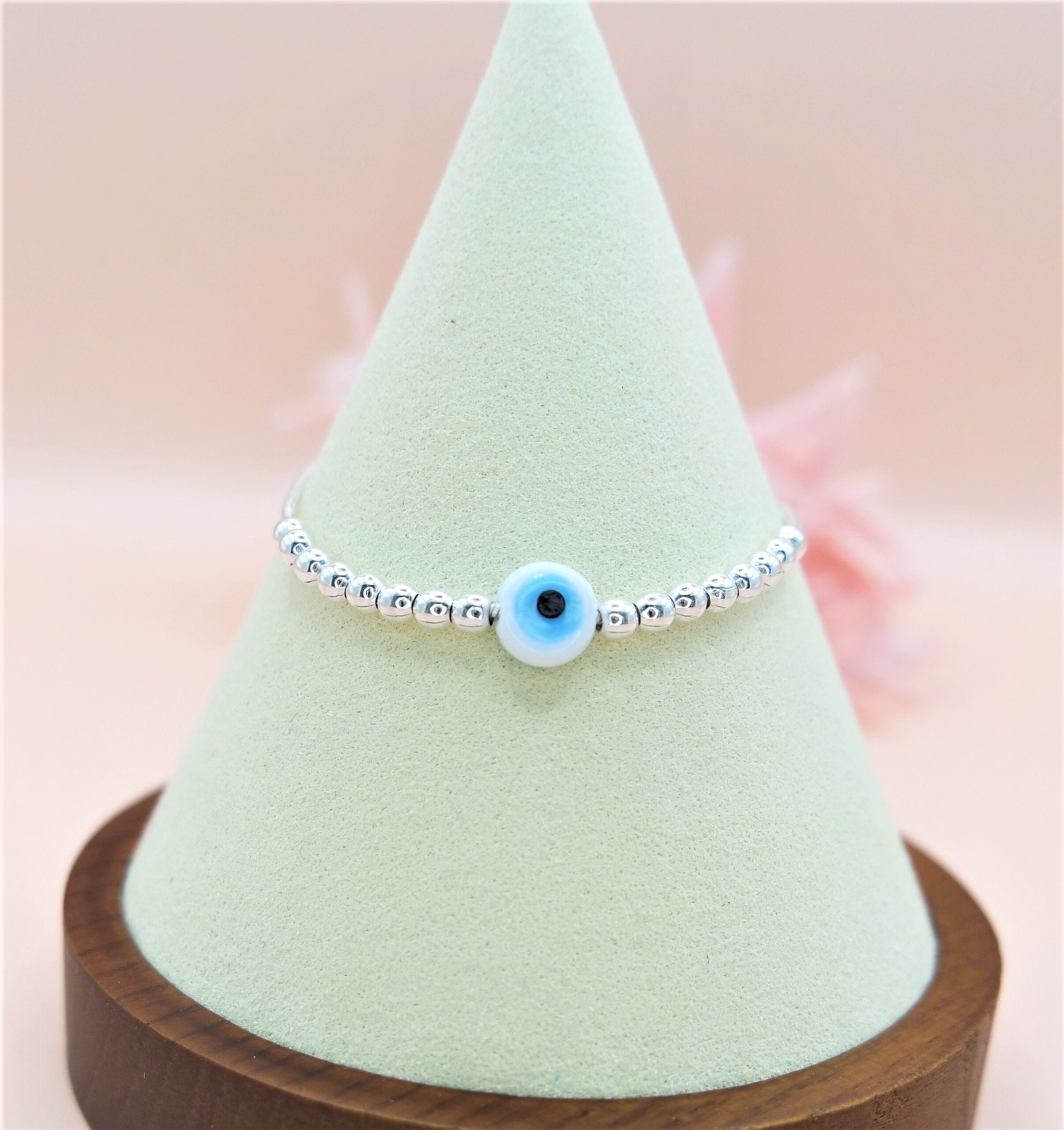 925 Sterling Silver Evil Eye adjustable Bead Bracelet, Blue Evil Eye Bracelet.