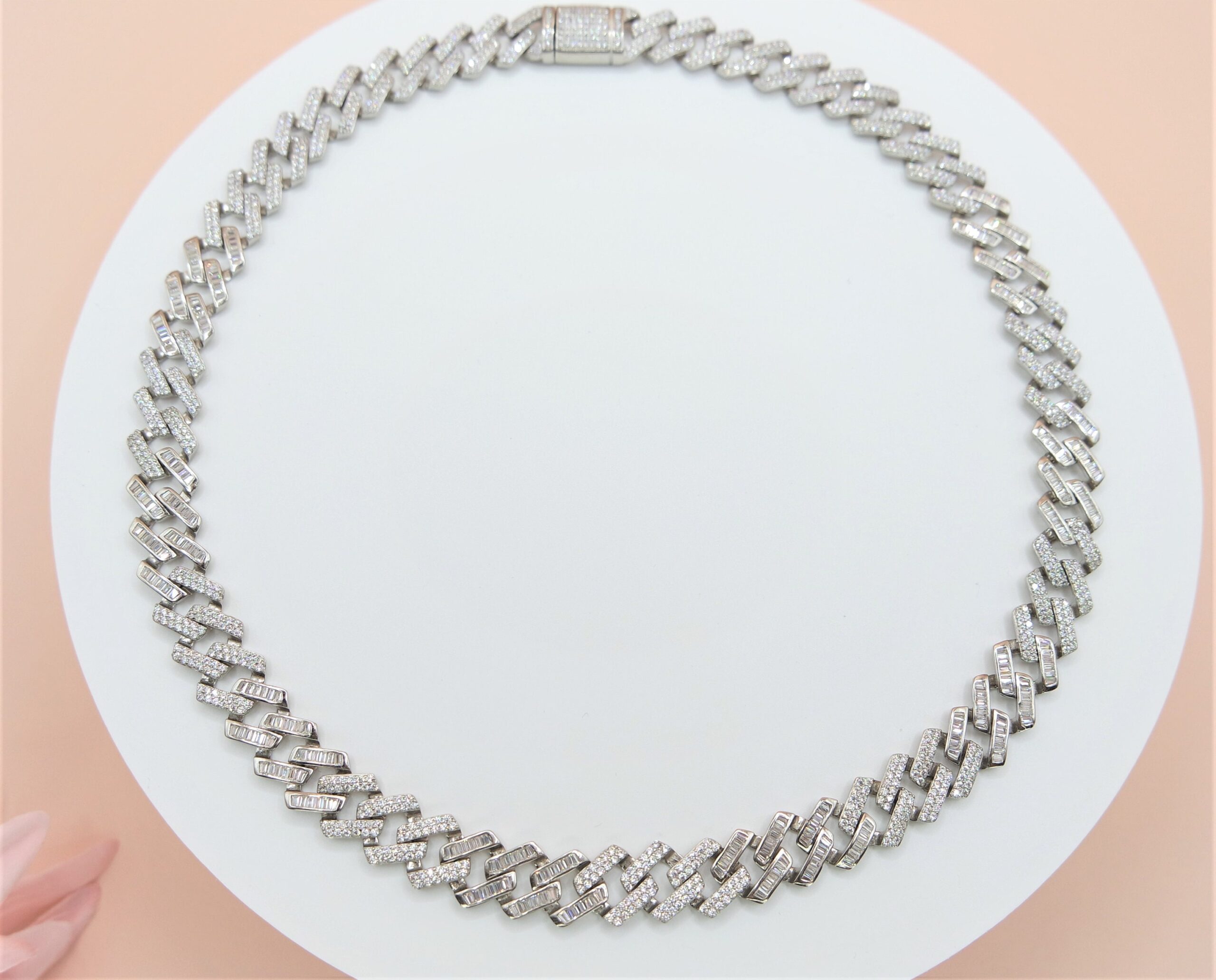 925 Sterling Silver Cubic Zirconia & Baguette Cuban Heavy Chain, CZ Necklace.