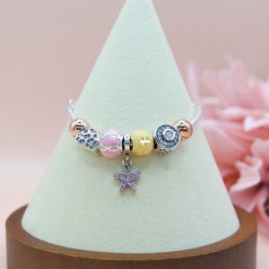 925 Sterling Silver Pave Heart Charms with Cubic Zirconia, Adjustable Bracelet. Gift for Her