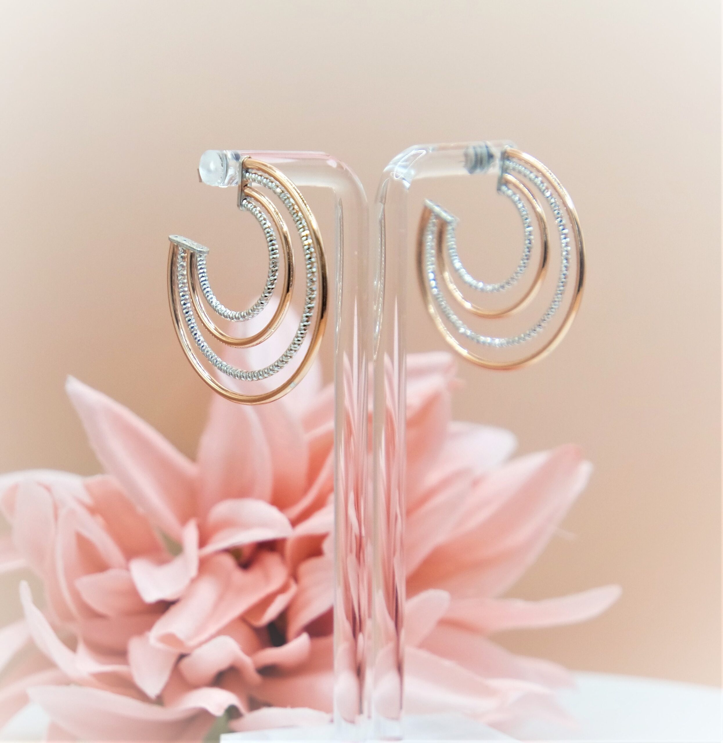925 Sterling Silver Italian Hoop Earrings with Rose gold Gilt , Elegant 4 Rows Earrings. Gift for Her.
