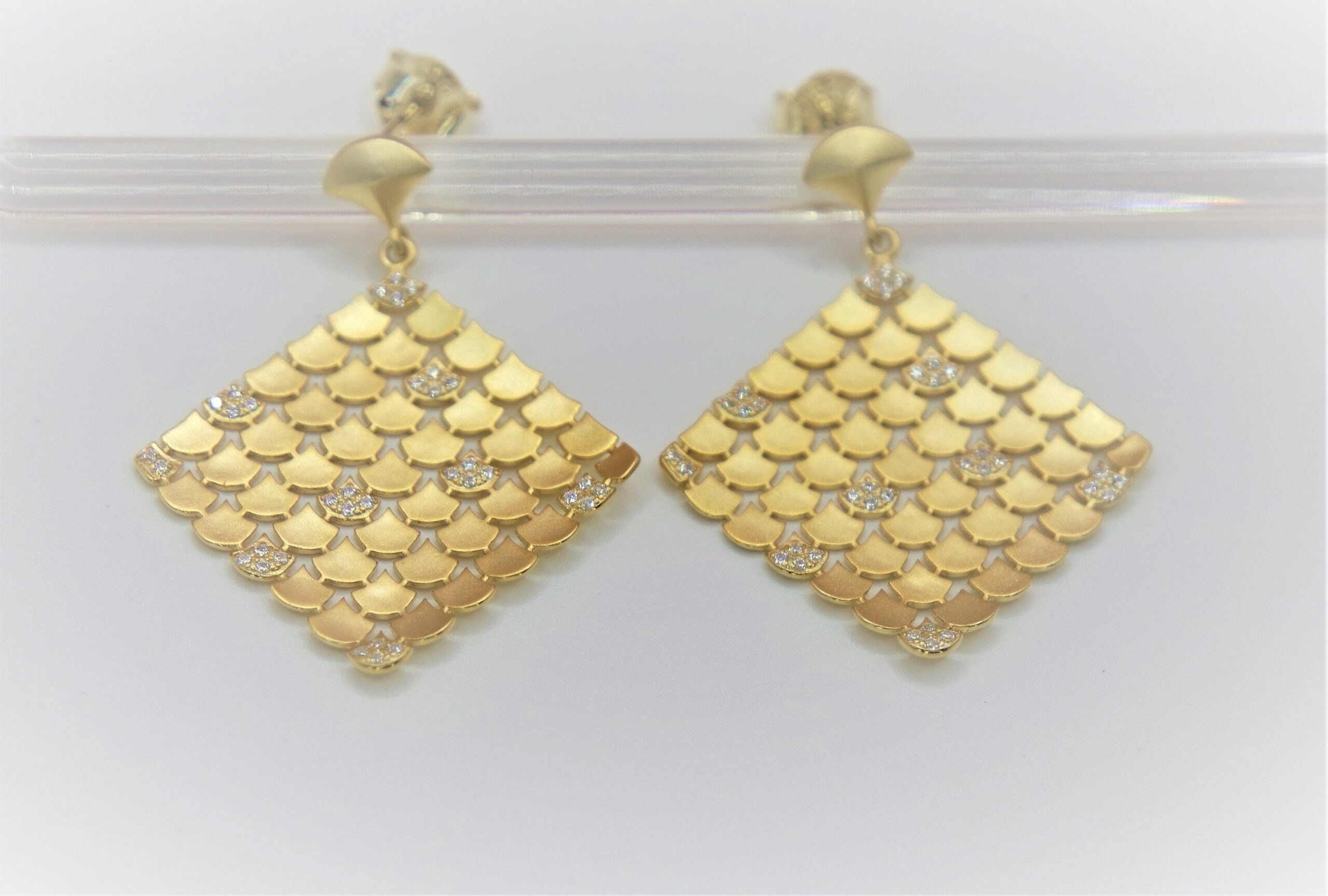 925 Sterling Silver Italian Earrings with Modern Matte Finish, Gold Gilt Earrings with CZ. Gift for Her.