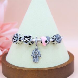 925 Sterling Silver Pandora Style Bracelet with 5 Charms including Hamsa. Sterling Silver Bracelet. Gift for Her.