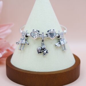 925 Sterling Silver Pandora Style Bracelet with Boy Robot Bead . Boy & Girl Bead. 5 Charm Bracelet. Gift for Her.