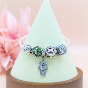 925 Sterling Silver Pandora Style Bracelet with  5 Charms including Hamsa. Sterling Silver Bracelet. Gift for Her.