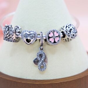925 Sterling Silver Pandora Style Bracelet with Sister Themed 5 Charms. Gift for Her.