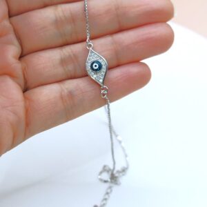 925 Sterling Silver Evil Eye CZ Anklet with box chain. comes in the box, Gift for her.