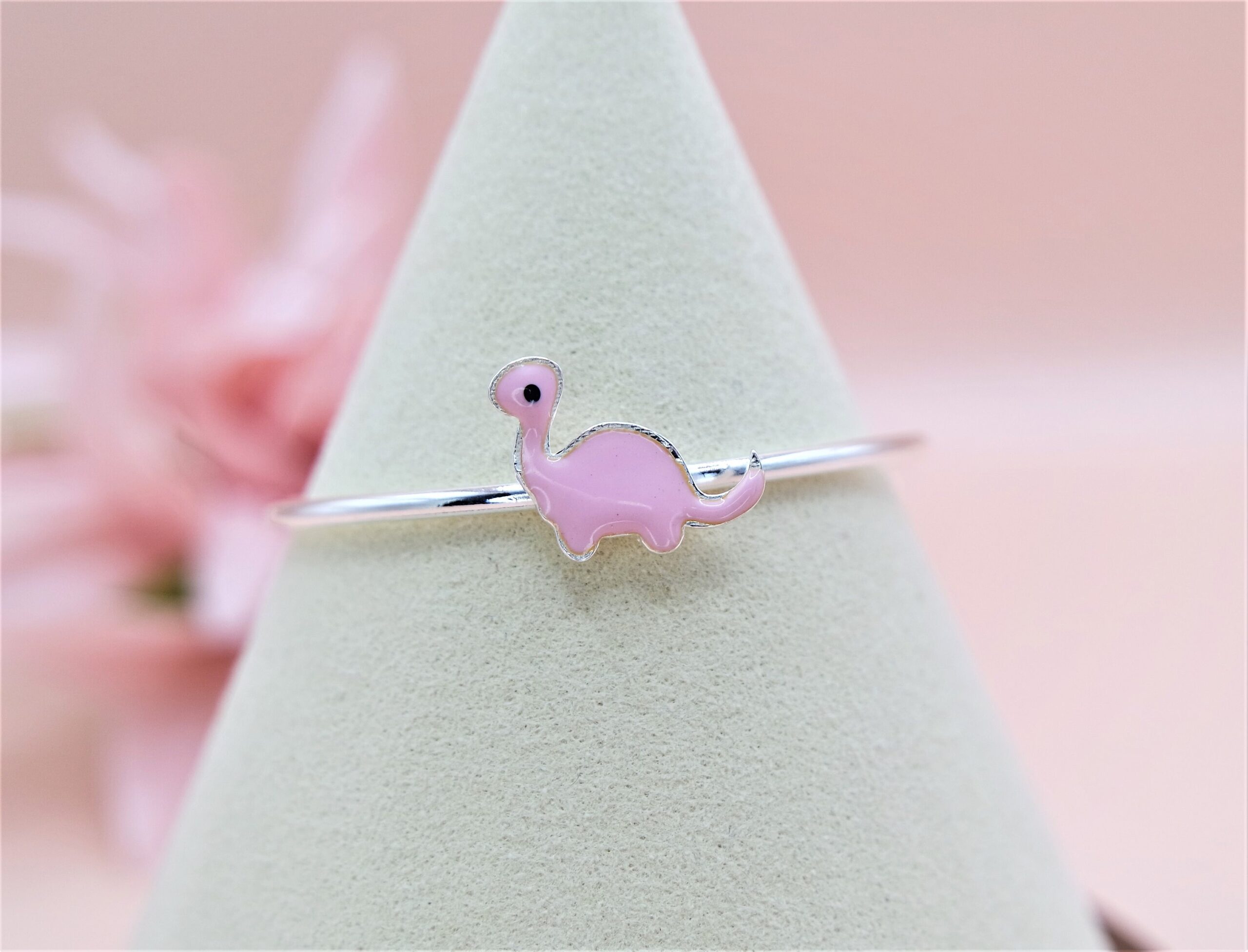 925 Sterling Silver Pink Dino Adjustable Bangle Bracelet for Kids - Image 4