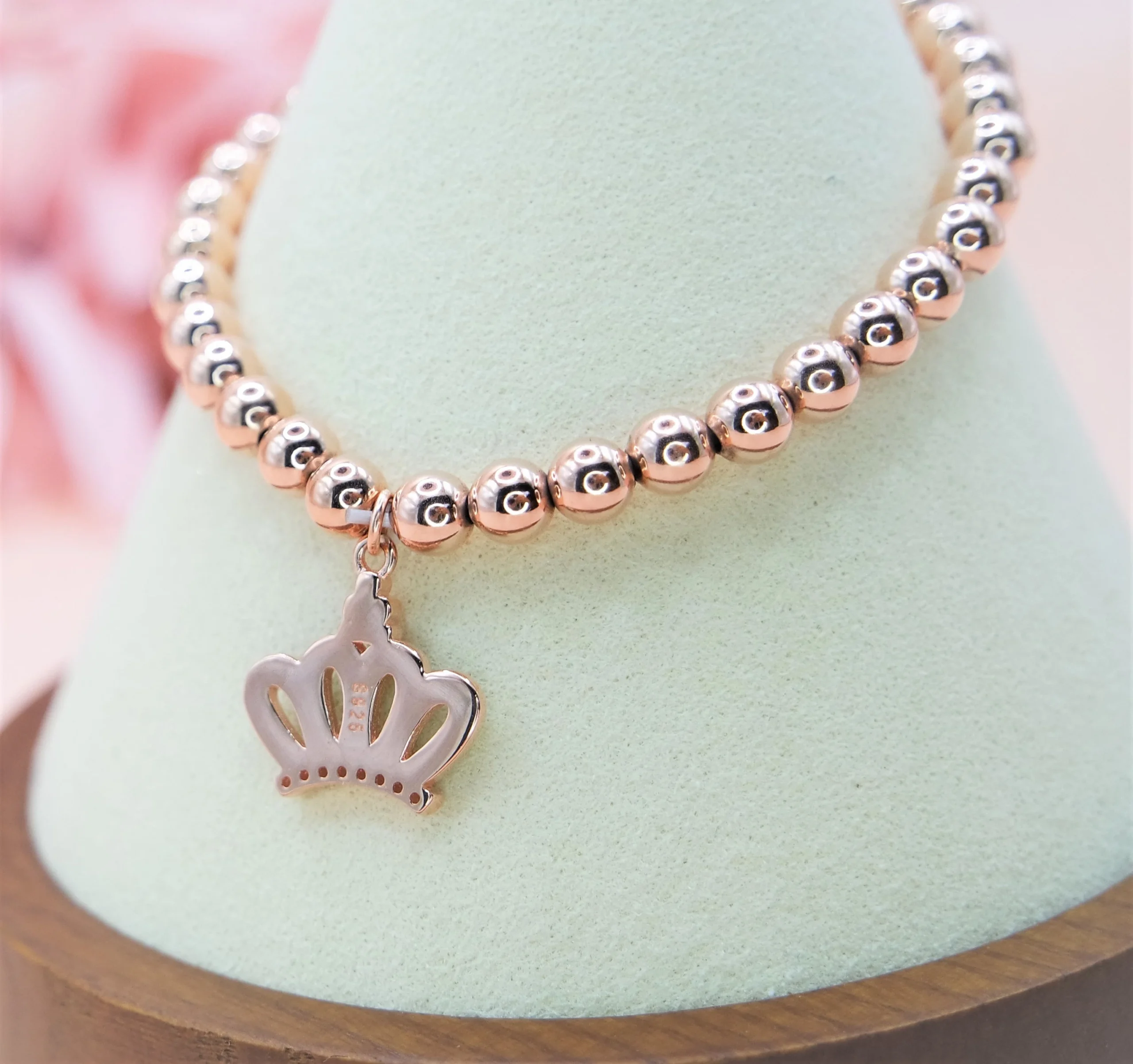 925 Sterling Silver Beaded Bracelet, Stretch Bracelet in Rose Gold Gilt. Gift for Her. - Image 2